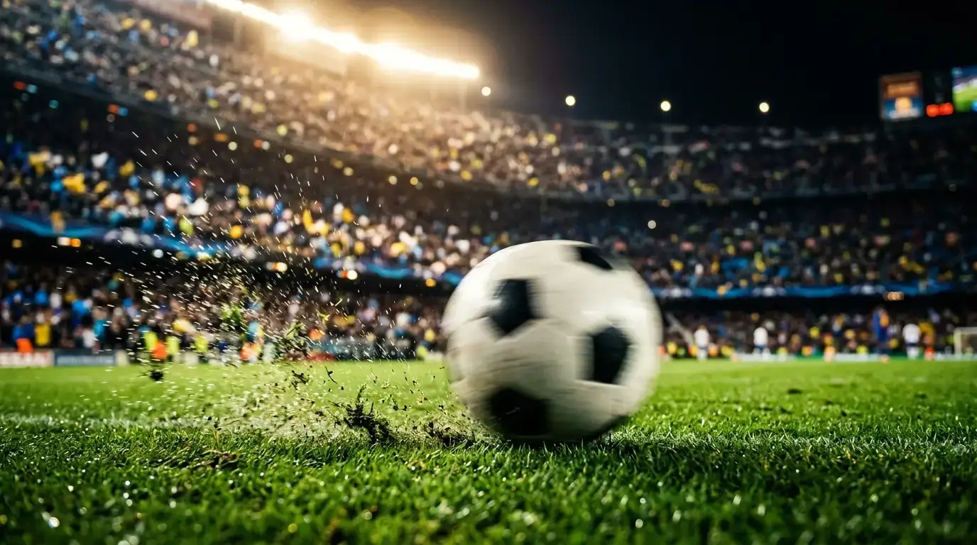 Detail fotbalového míče v pohybu na trávníku při večerním osvětlení stadionu