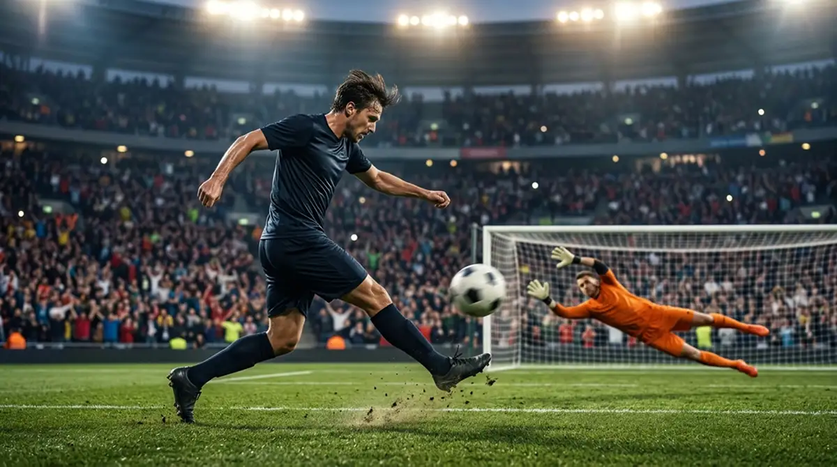 Uzbrucējs sit pa vārtiem no soda laukuma stūra, vārtsargs izmisīgi mesas, apgaismots stadions