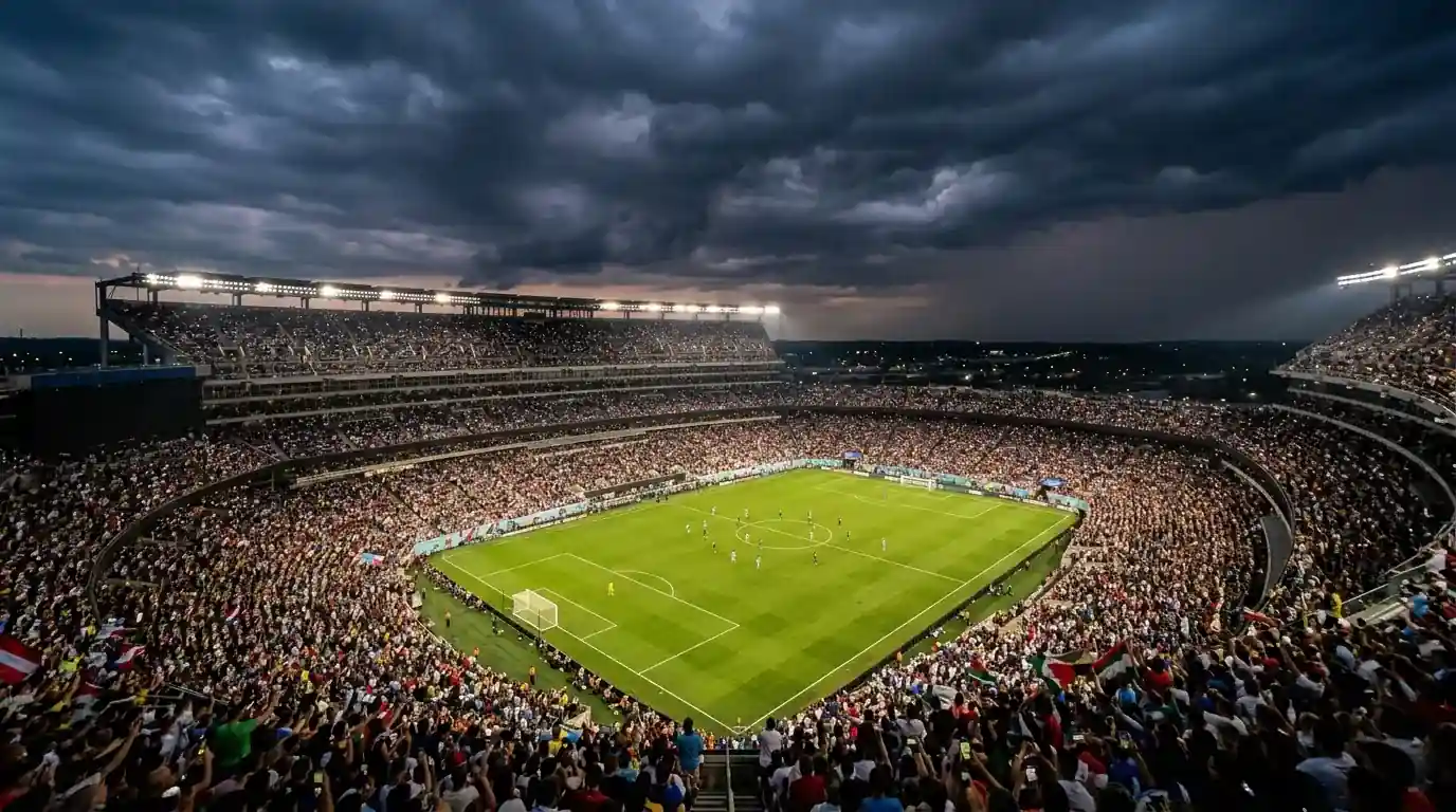 Arrowhead stadions Kanzassitijā vakara gaismā, apgaismots laukums un līdzjutēju pūlis pirms ceturtdaļfināla