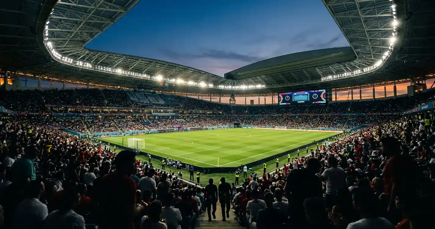 Pasaules kausa 2026 spēles diena - stadiona skats ar koeficientu tablo