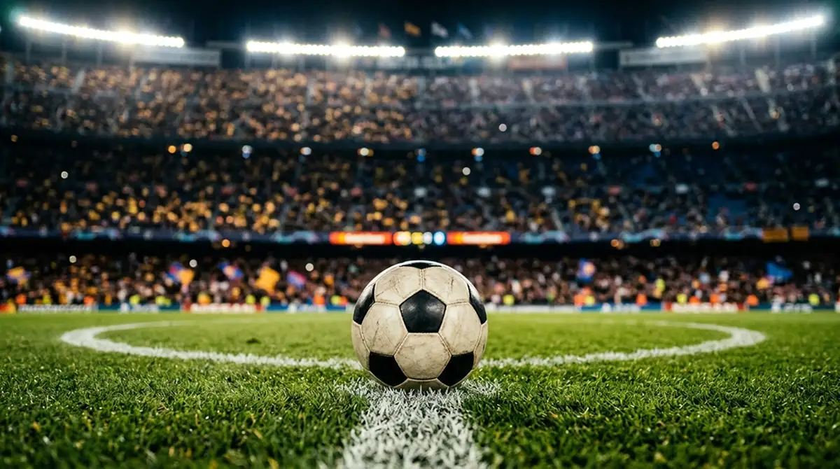 Tuvplāns futbola bumbai uz apgaismota laukuma centra, fonā neskaidras pilnas tribīnes pirms lielas spēles