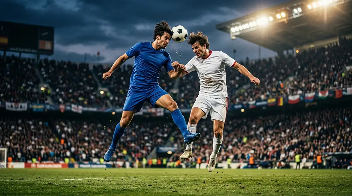 Divi futbolisti cīnās par bumbu gaisā uz apgaismota laukuma, fonā tribīnes