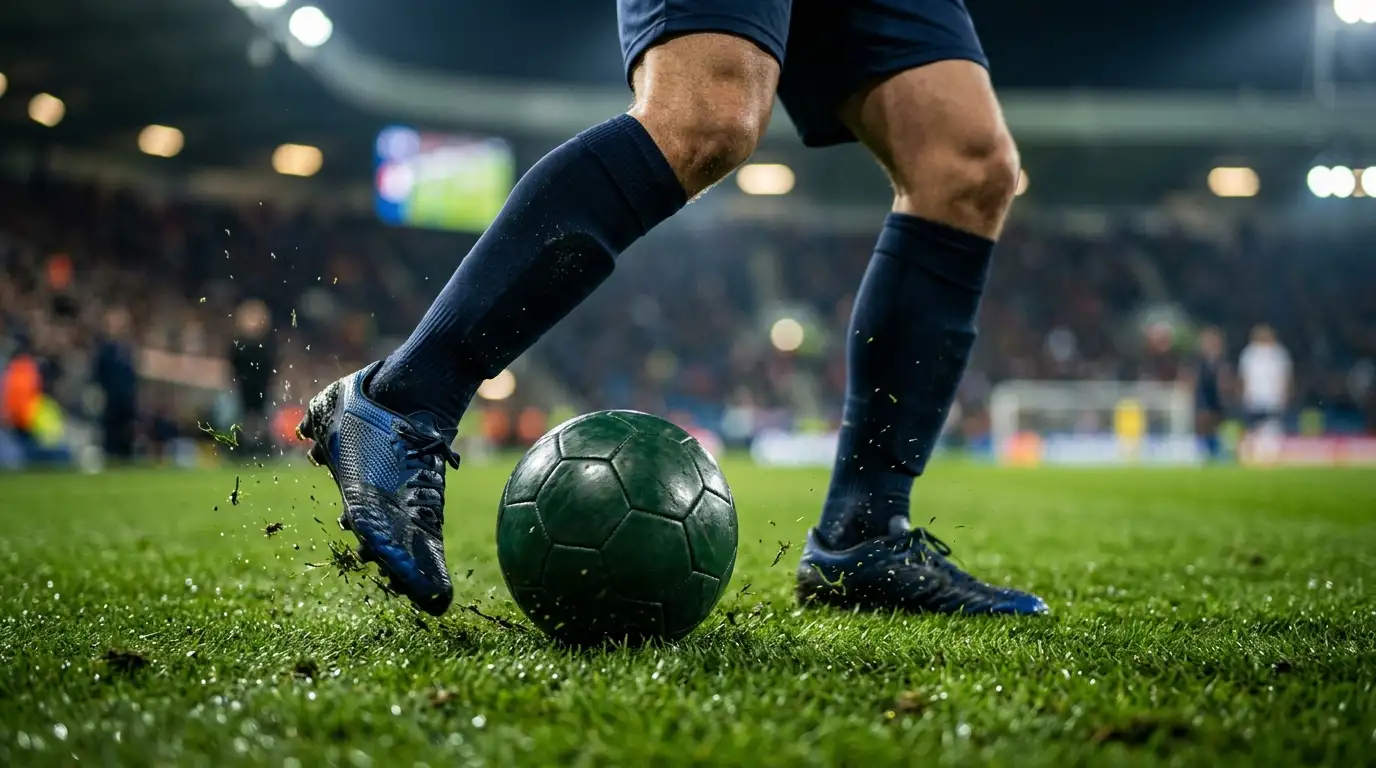 Detail nohou fotbalisty vedoucího míč na zeleném trávníku při večerním zápase