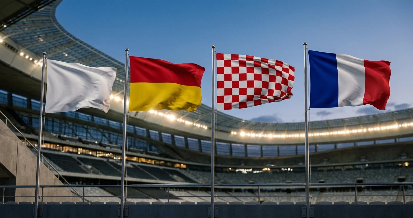 Pasaules kausa 2026 L grupas četru izlašu karogi - Anglija, Gana, Horvātija, Panama