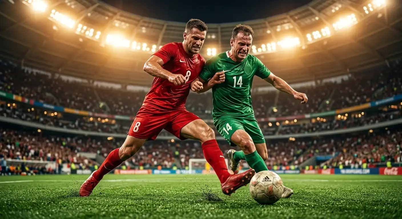 Divi futbolisti cīņā par bumbu karstā, saulainā stadionā ar aizvērtu jumtu