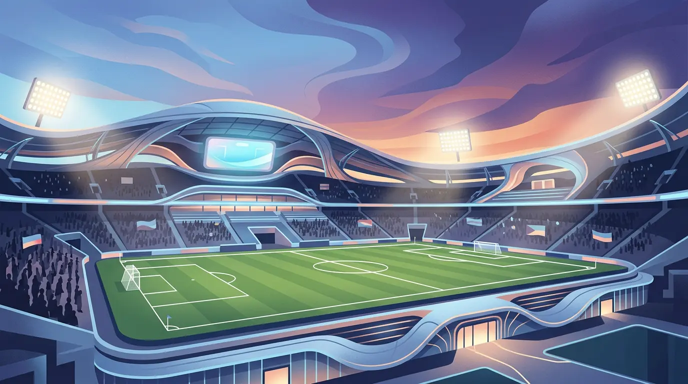 Pasaules kausa 2026 stadions vakarā ar iedegtiem prožektoriem pirms izslēgšanas spēles