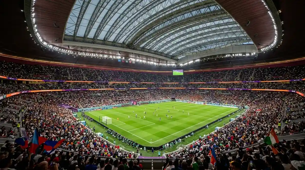 SoFi stadions Losandželosā ar fiksētu jumtu, apgaismots laukums un līdzjutēju pūlis pirms ceturtdaļfināla
