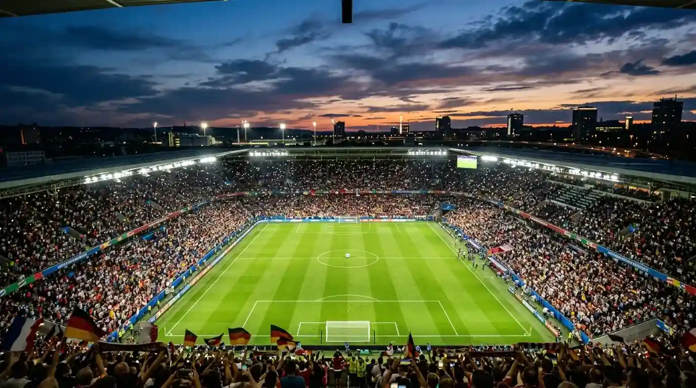 Vakara stadions astotdaļfināla noslēgumā, līdzjutēju pūlis tribīnēs un apgaismots futbola laukums